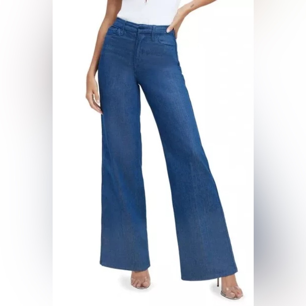 New Good American Good Skate TrueBlue001 High Rise Wide Flare Leg Jeans Size 16